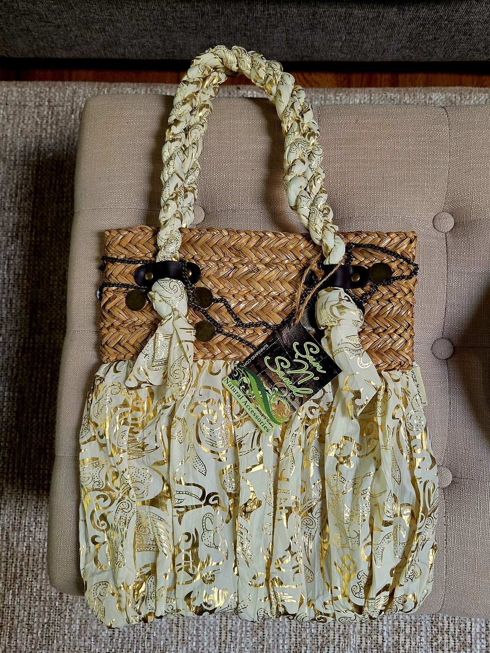 Sun N' Sand Straw Button Closure Tote with Gold-Print Cream Fabric Panels NWT